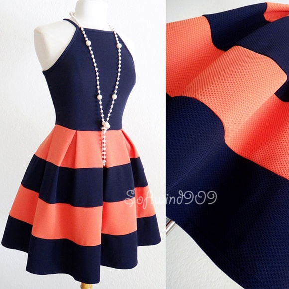 ☝️Last☝️ Navy Blue Orange Fit Flared Skater Dress - Picture 2 of 7